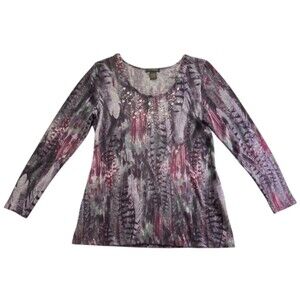 Susan Lawrence Womens Large Beaded Embellished Stretch Knit Top Purple Abstract